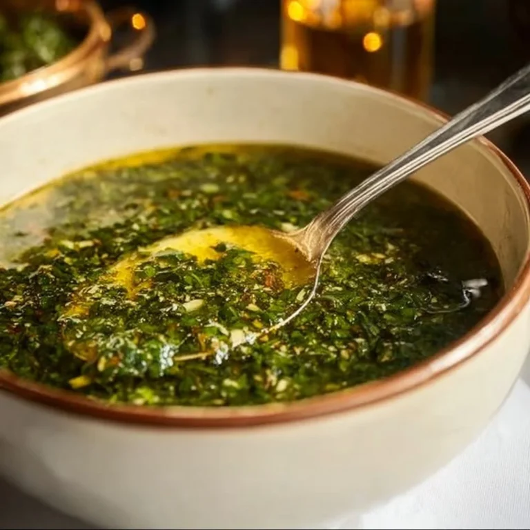Bowl of homemade Mulukhiya Jute Mallow Soup garnished with herbs.