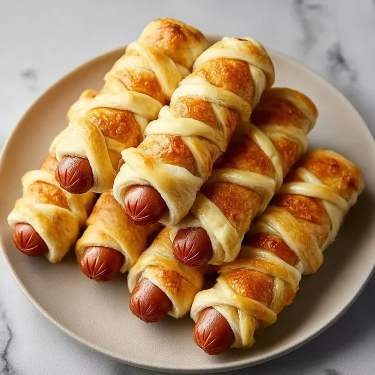 Delicious Mummy Hot Dogs wrapped in crescent dough for Halloween parties