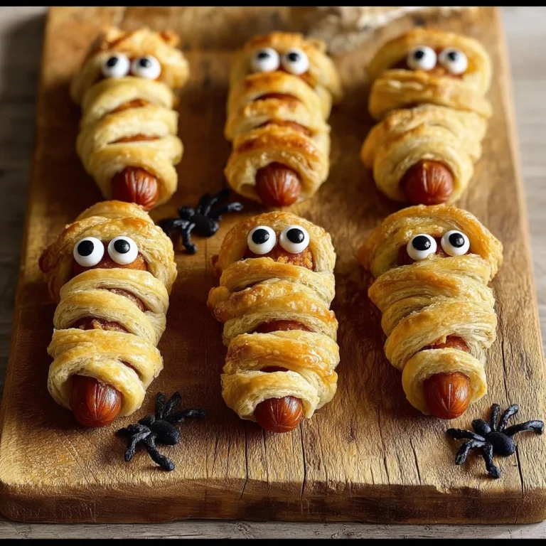 Delicious Halloween Mummy Hotdogs wrapped in pastry with eyes