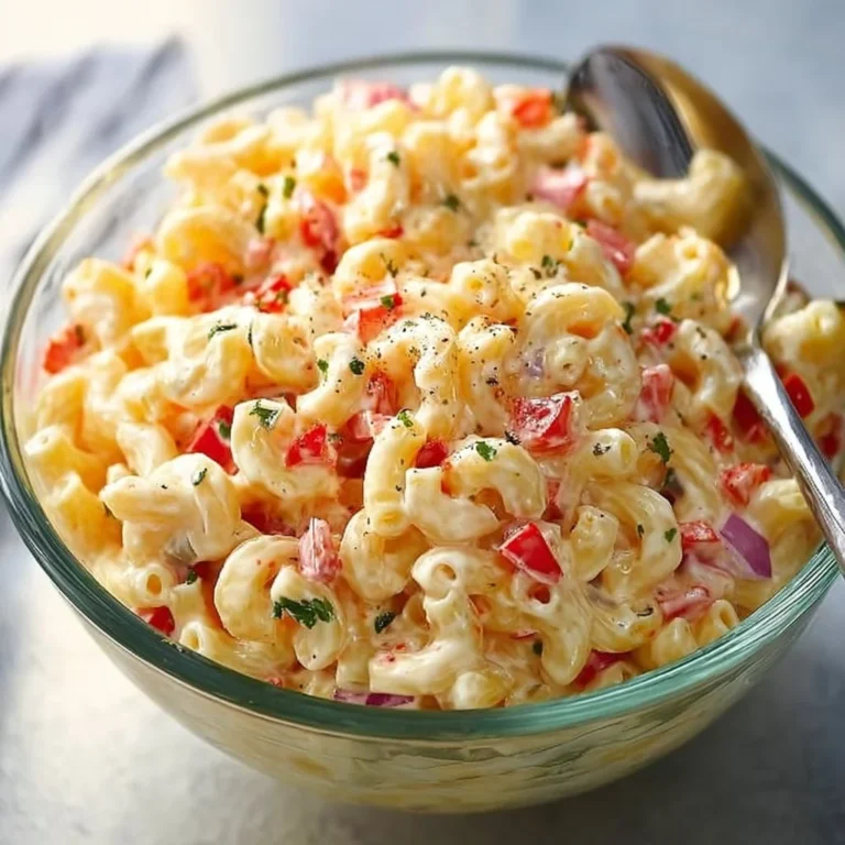 Bowl of Old-Fashioned Sweet Macaroni Salad with colorful vegetables