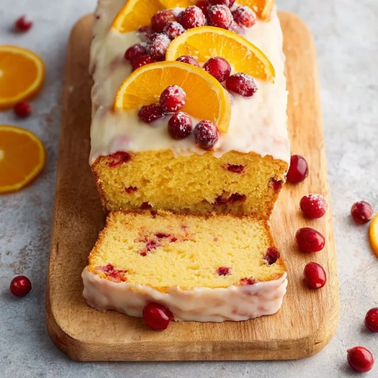 Loaf of freshly baked Orange Cranberry Bread with orange slices and cranberries