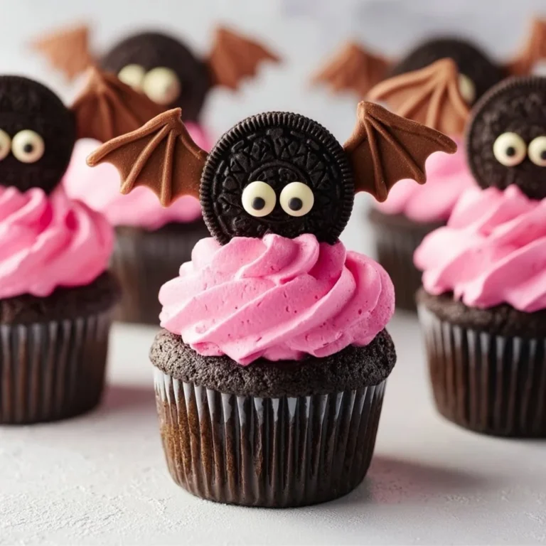 Oreo Bat Cupcakes decorated for Halloween with chocolate and cream.