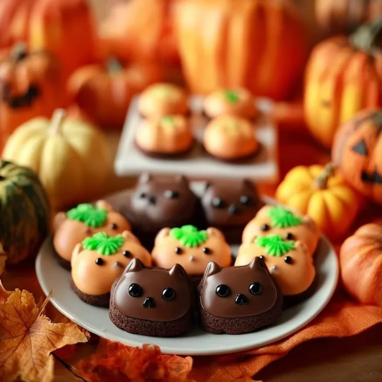 Peanut Butter Ball pumpkins and cats displayed on a festive autumn table.
