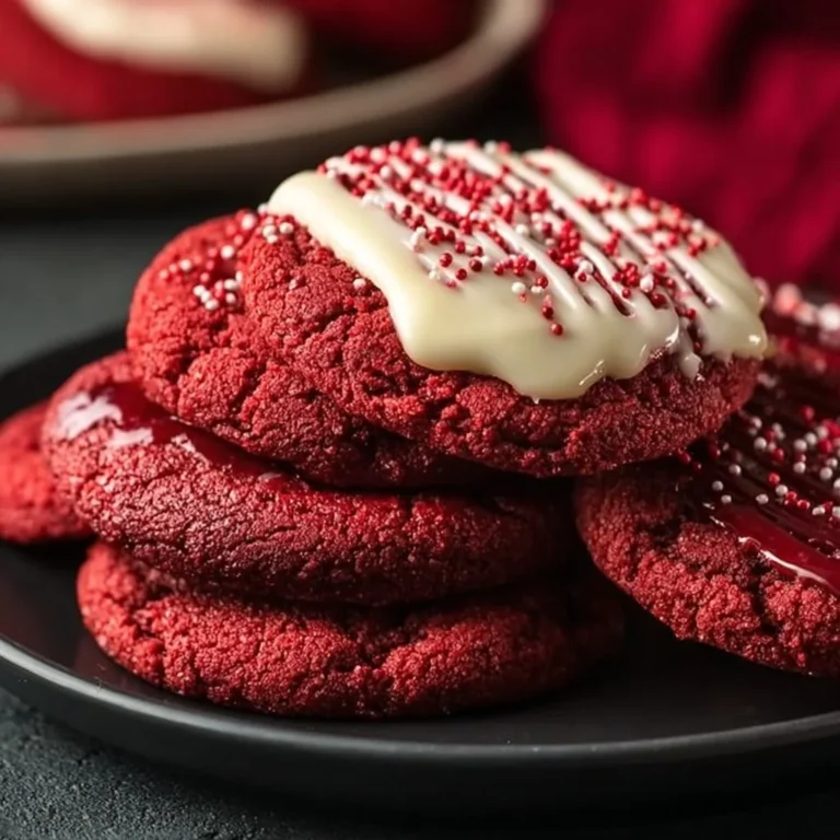 Freshly baked Red Velvet Crumbl Cookies stacked on a plate