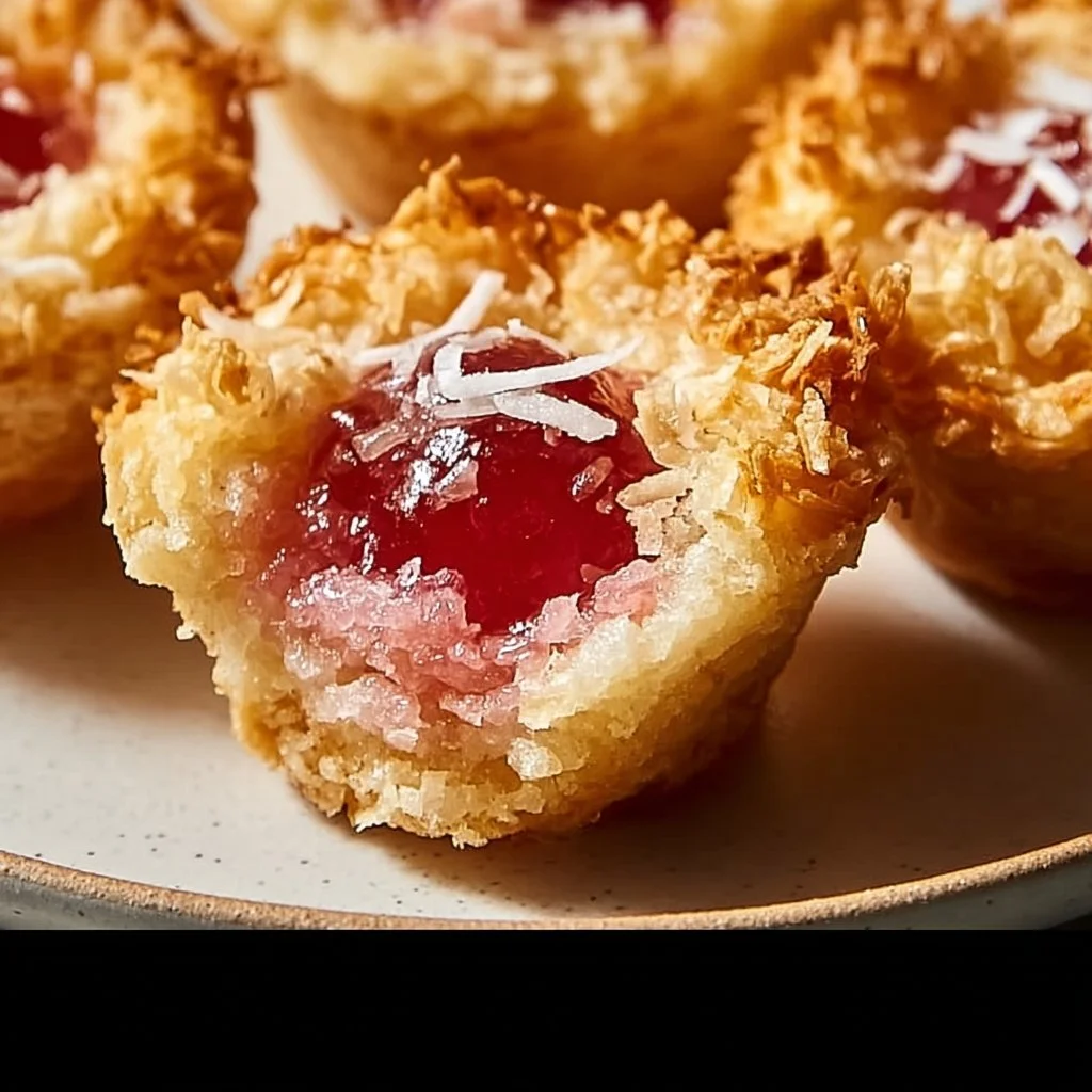 Rhubarb Coconut Macaroon Tarts garnished with coconut flakes and fresh rhubarb.
