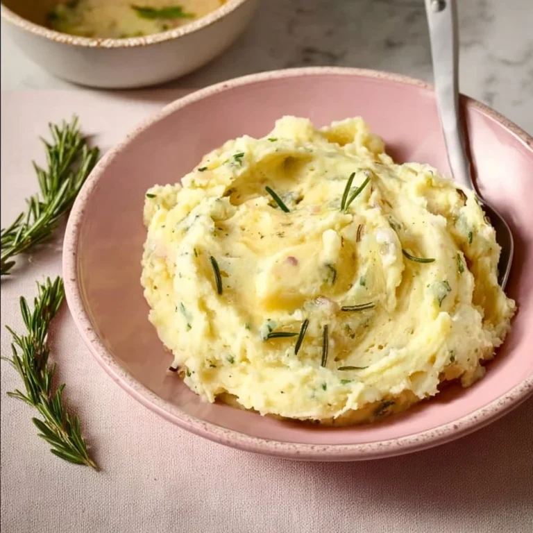 Bowl of creamy Rosemary Garlic Mashed Potatoes with fresh herbs