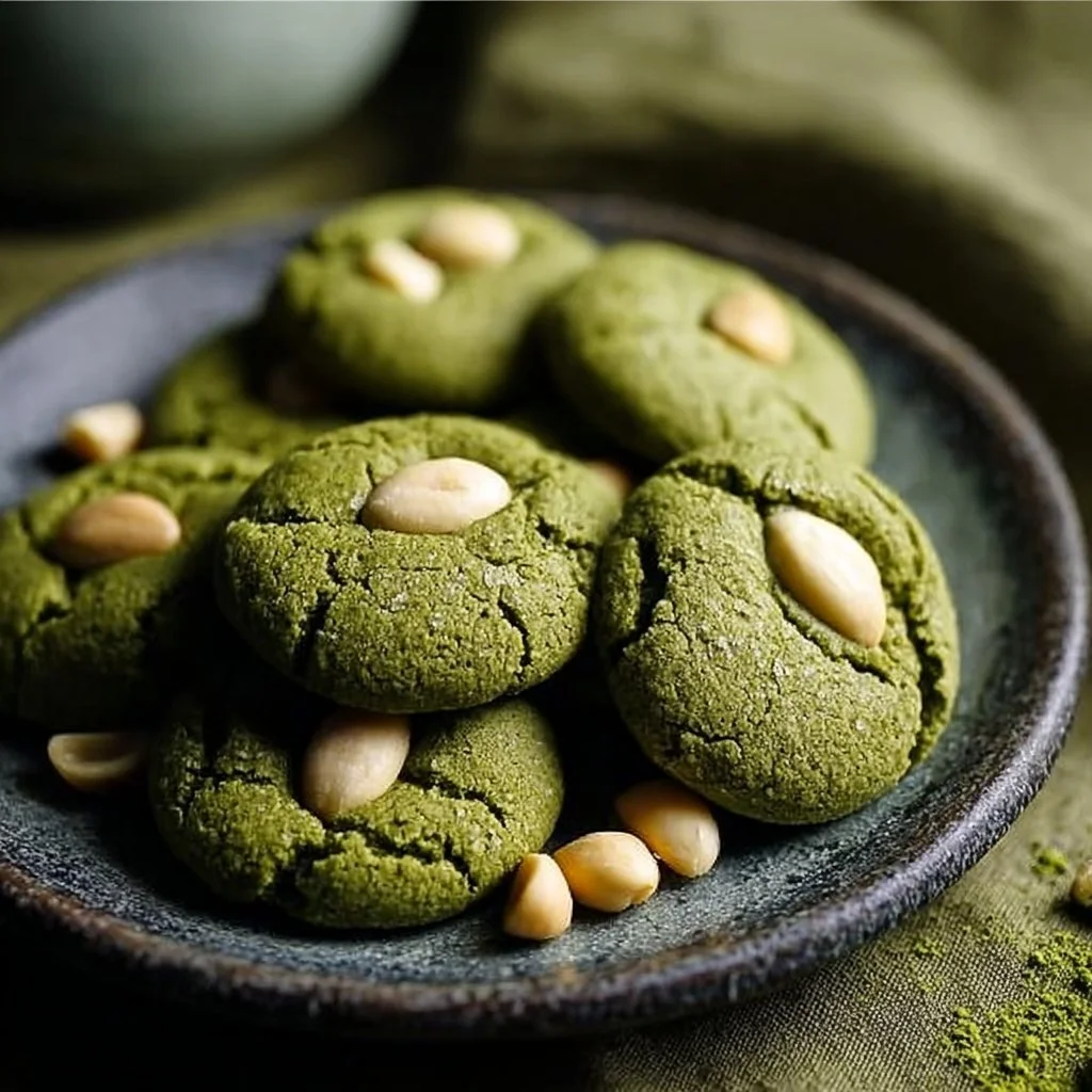 Plate of soft and chewy matcha almond cookies with almond pieces and green matcha powder