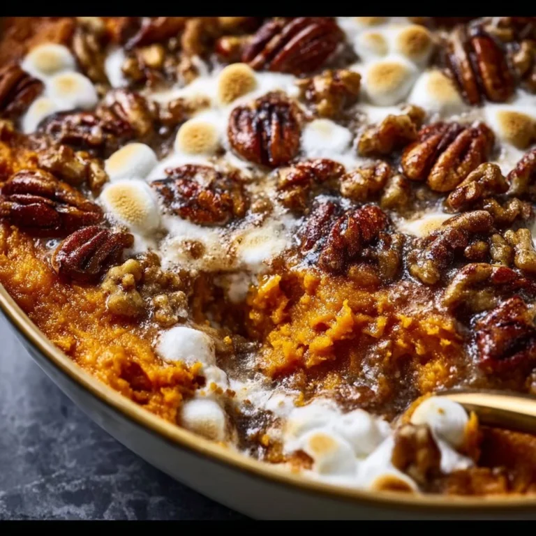 Delicious Southern Maple Sweet Potato Casserole topped with pecans and marshmallows.