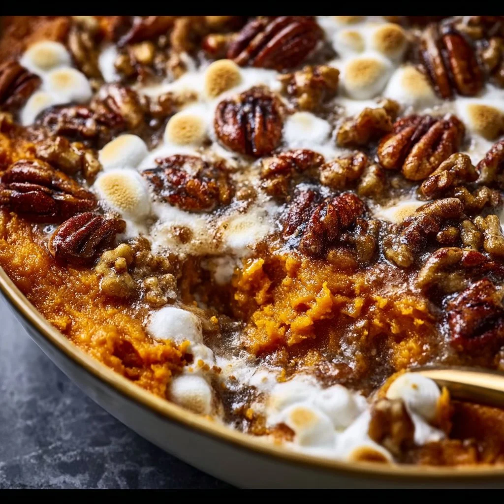 Delicious Southern Maple Sweet Potato Casserole topped with pecans and marshmallows.