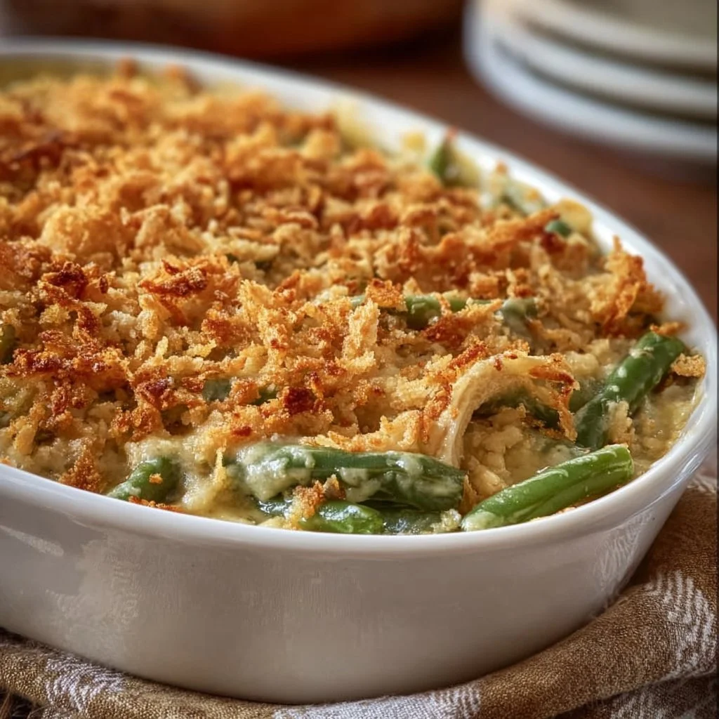 Delicious Southern-Style green bean casserole in a baking dish