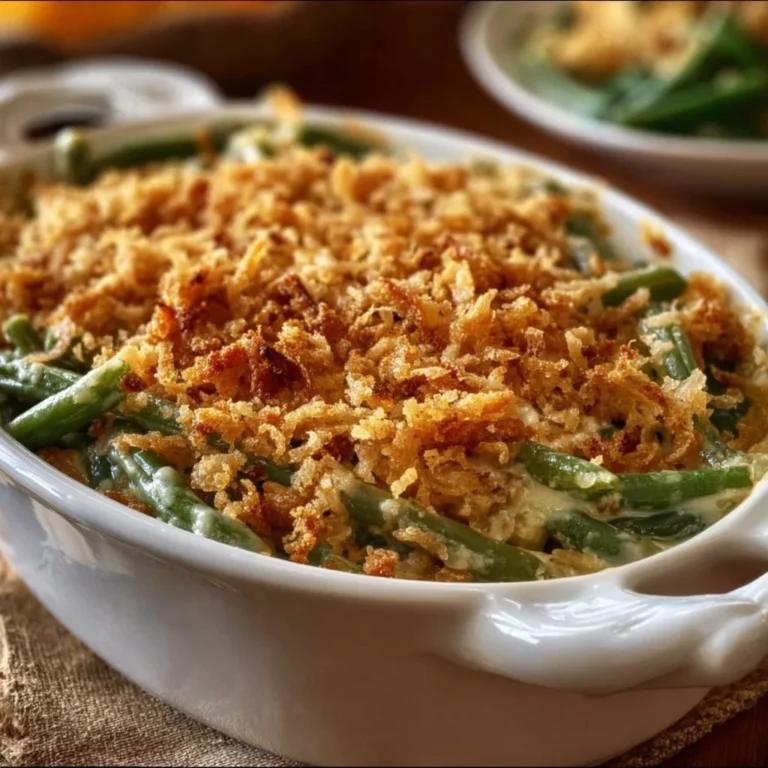 Southern-Style Green Bean Casserole served on a plate with crispy topping.