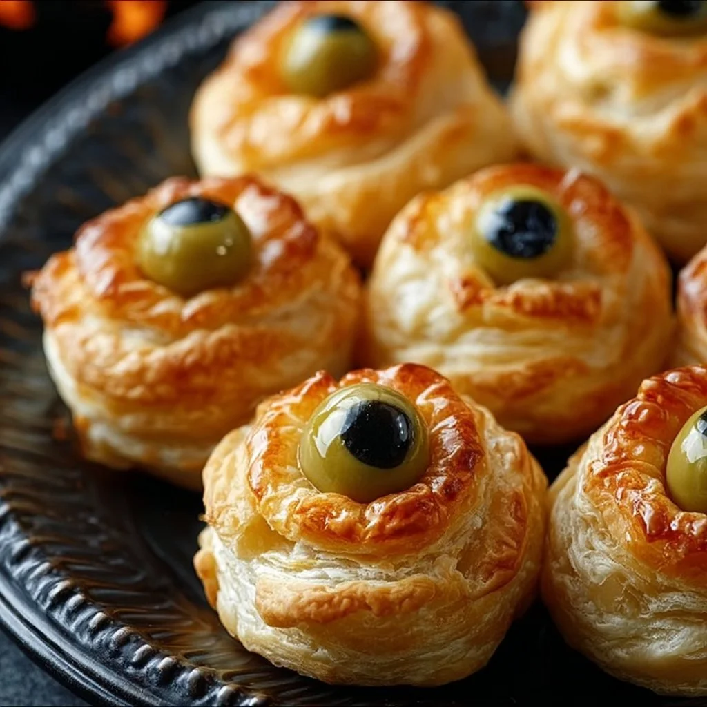 Spooky eyeball olive puffs served on a Halloween-themed platter