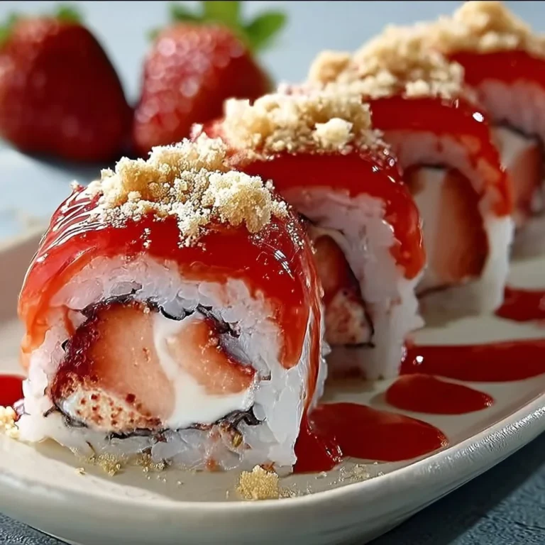 Strawberry Shortcake Sushi Roll intricately arranged with fresh strawberries and cream.