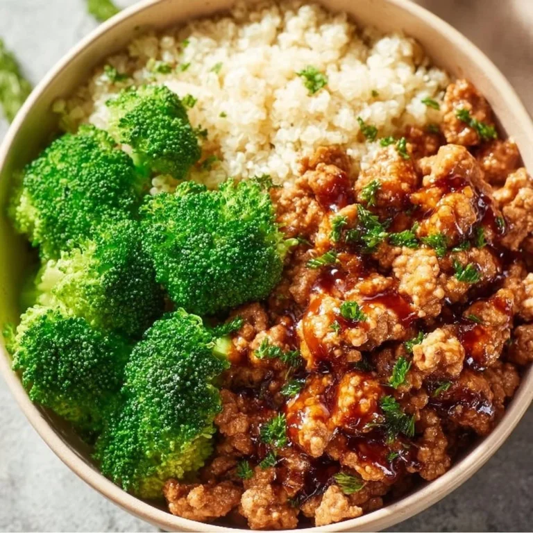 Sweet and Spicy Ground Turkey and Broccoli Bowl served in a bowl