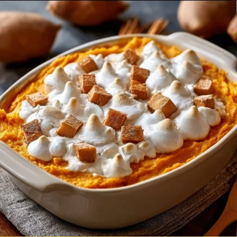 Delicious sweet potato casserole topped with marshmallows and pecans