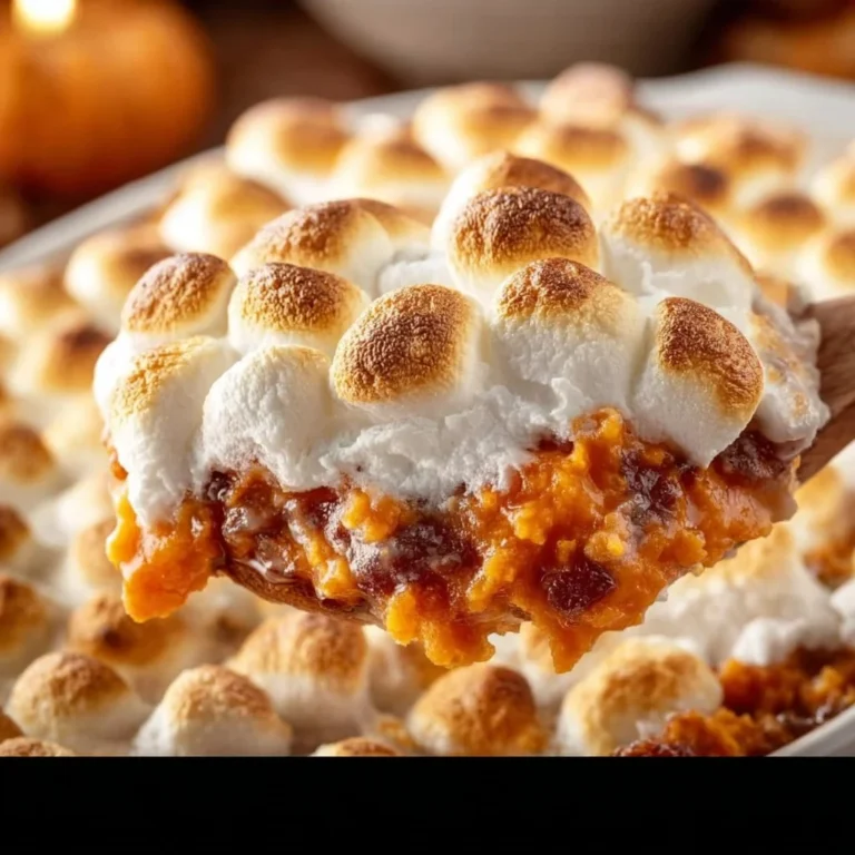 Delicious Sweet Potato Casserole topped with Marshmallows and Pecans