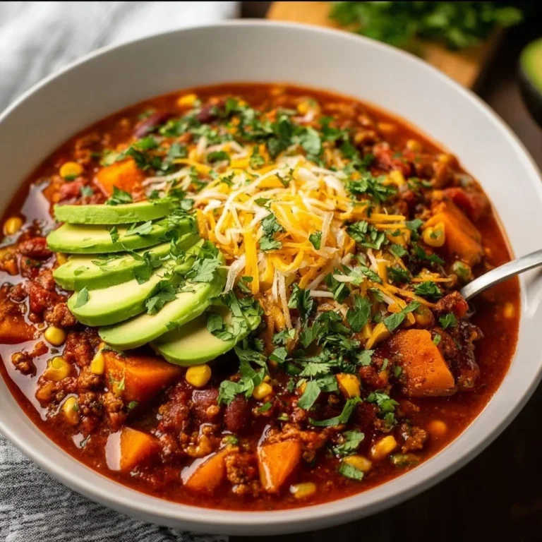 Bowl of Sweet Potato Turkey Chili garnished with herbs