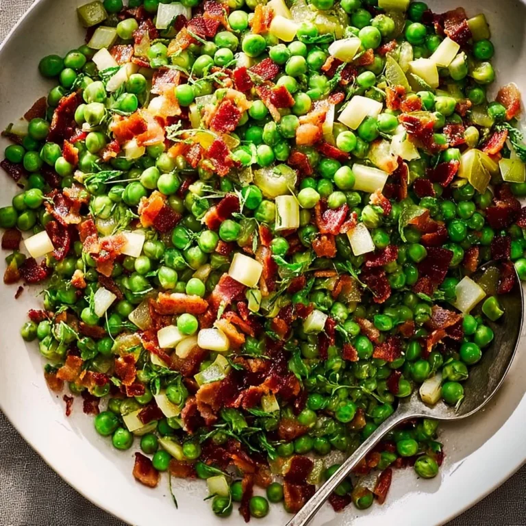 Thanksgiving Peas with Pancetta and Pears served in a festive bowl