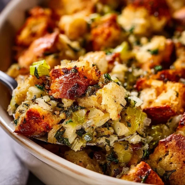 Delicious homemade Thanksgiving stuffing with herbs and spices