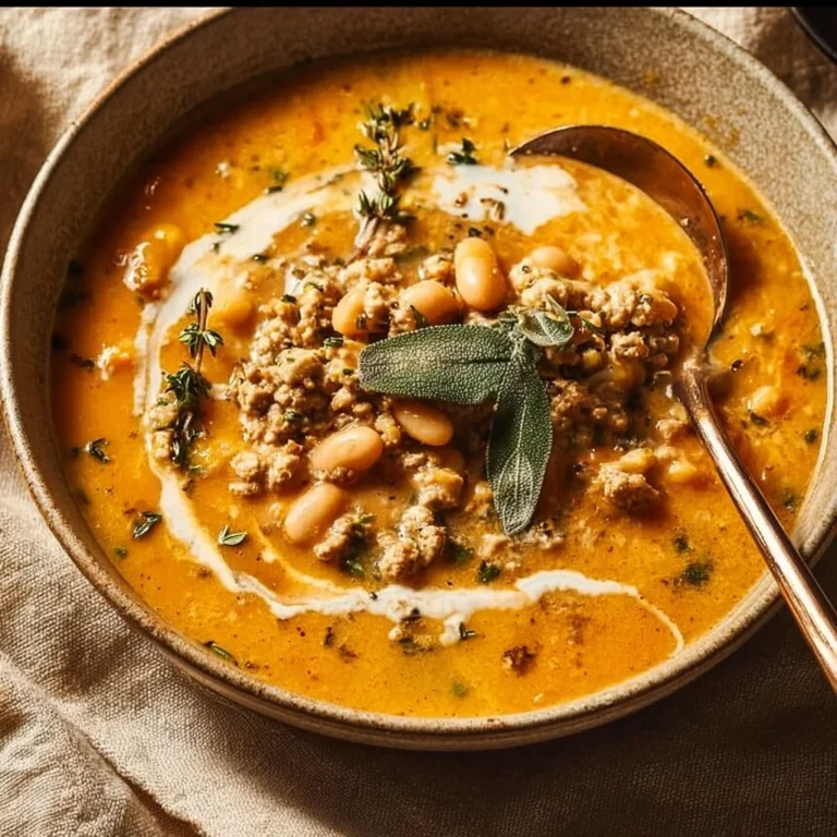 Bowl of Turkey Pumpkin White Bean Chili garnished with herbs