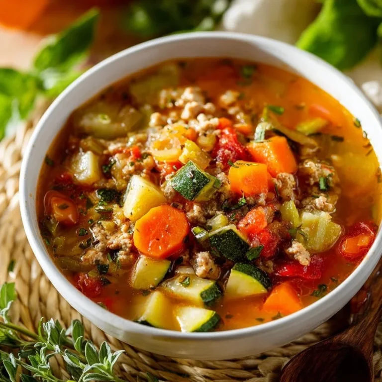 Bowl of delicious turkey vegetable soup with fresh ingredients and herbs