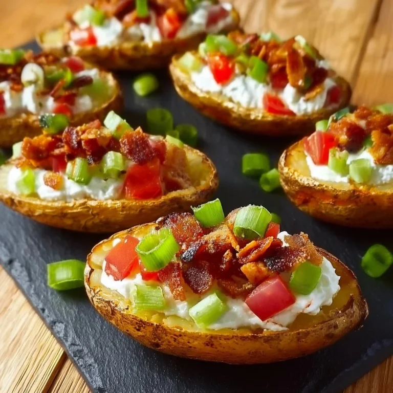 Delicious fully loaded baked potato skins topped with cheese and bacon.