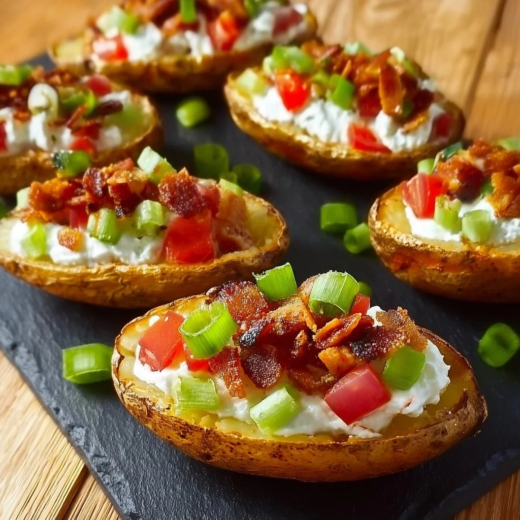 Delicious fully loaded baked potato skins topped with cheese and bacon.