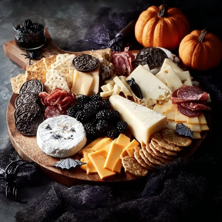 Ultimate Halloween cheese board with spooky decorations and delicious cheeses.