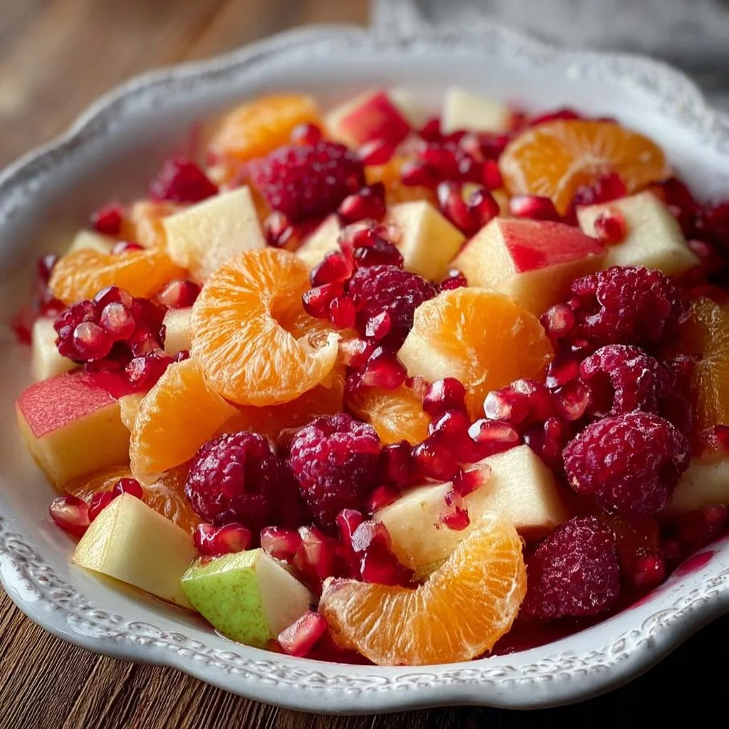 Colorful winter fruit salad featuring seasonal fruits like oranges and pomegranates.
