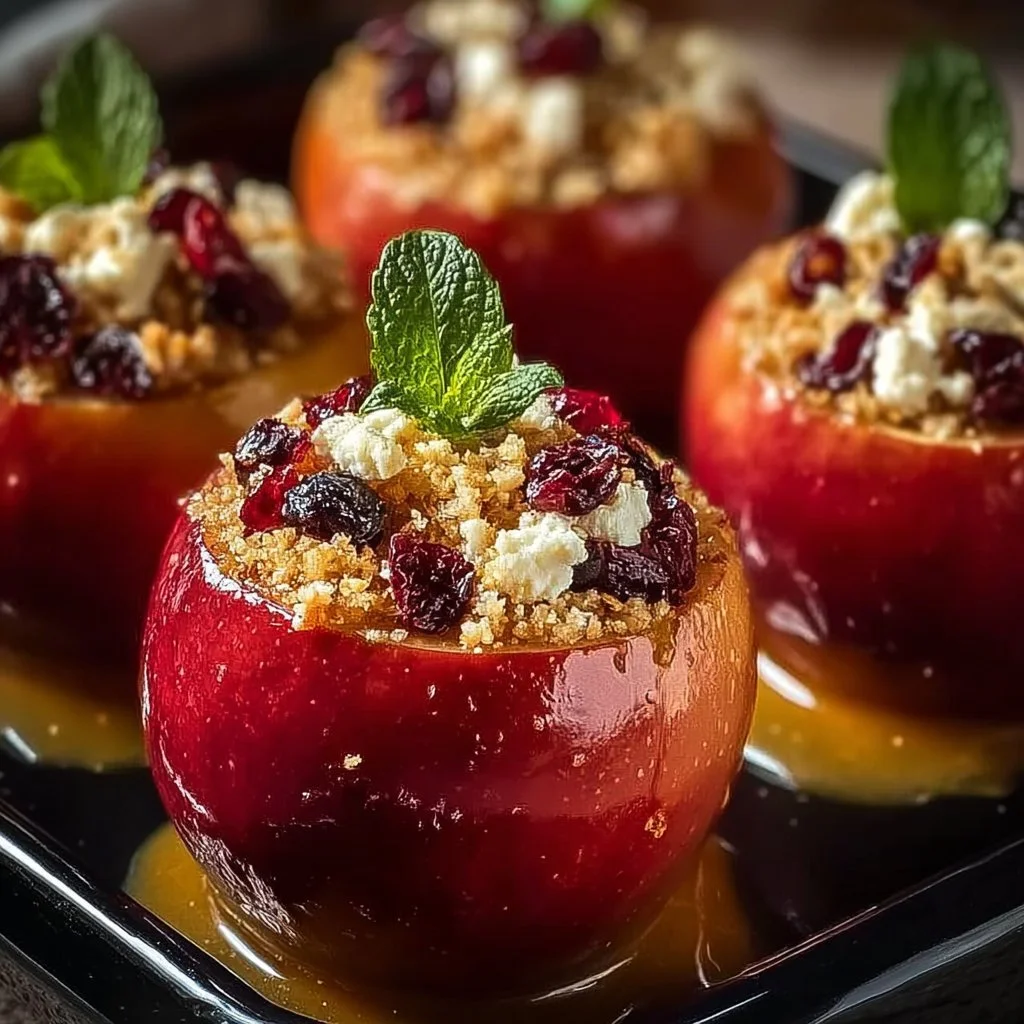 Baked apples with feta cheese, honey drizzle, and cranberries on a plate