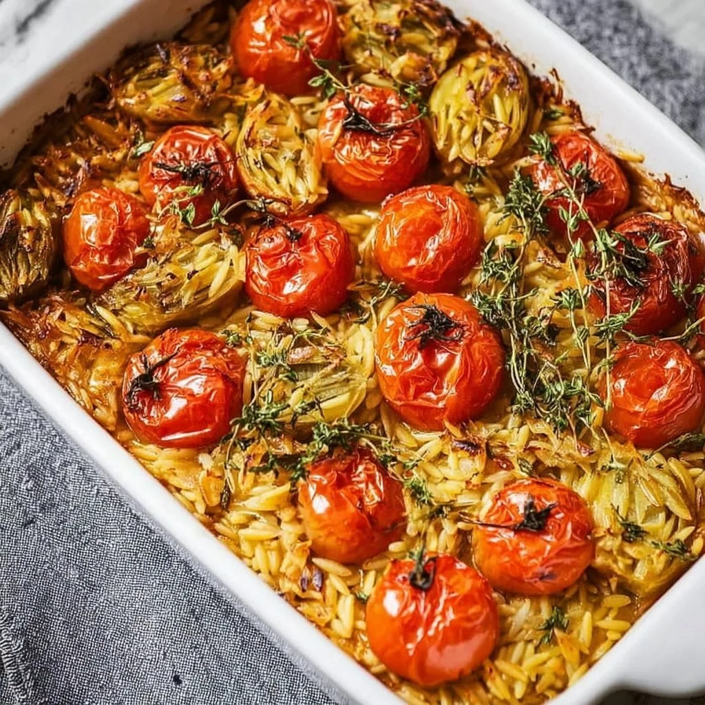 Baked orzo with artichokes, tomatoes, and halloumi in a casserole dish