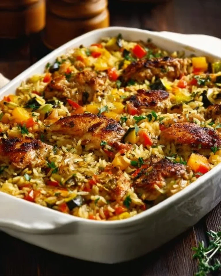 Baked Rice with Vegetables and Chicken served in a bowl