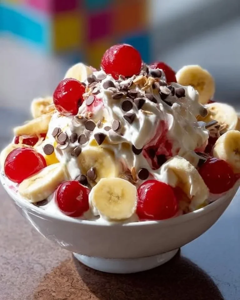 Delicious Banana Split Fluff Delight dessert in a bowl topped with cherries and whipped cream