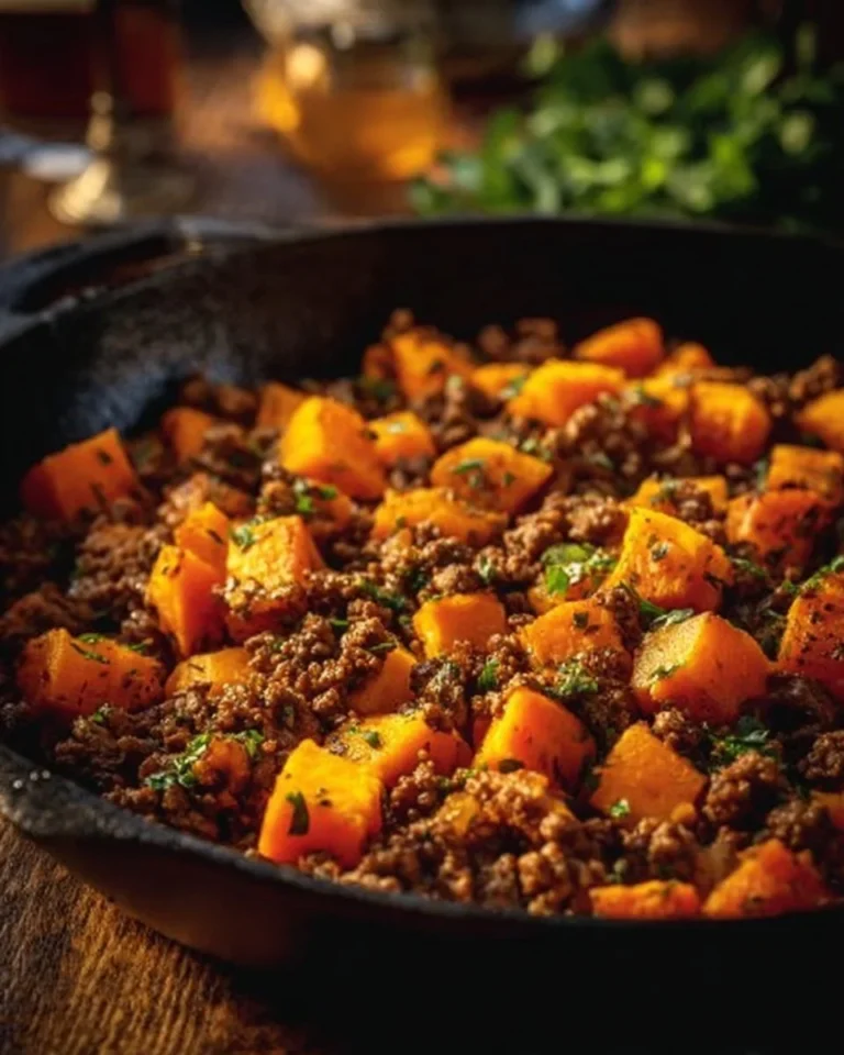Ground beef and sweet potatoes skillet dish served in a frying pan.