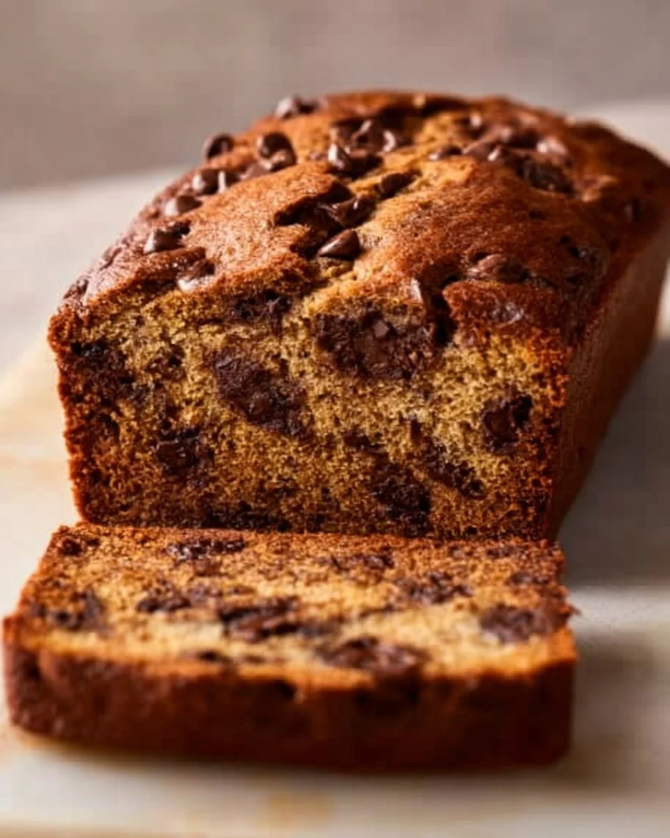 Delicious homemade chocolate chip banana bread on a wooden table