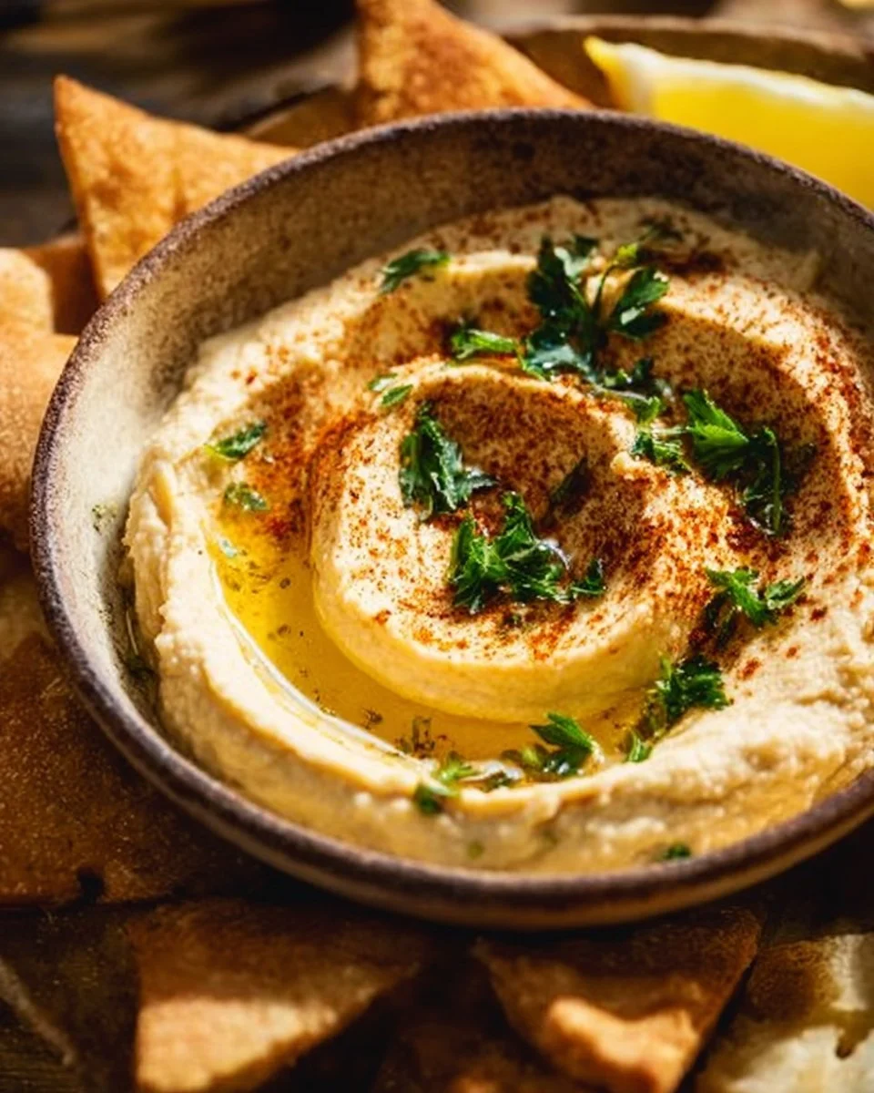 Bowl of creamy homemade hummus served with pita bread and vegetables