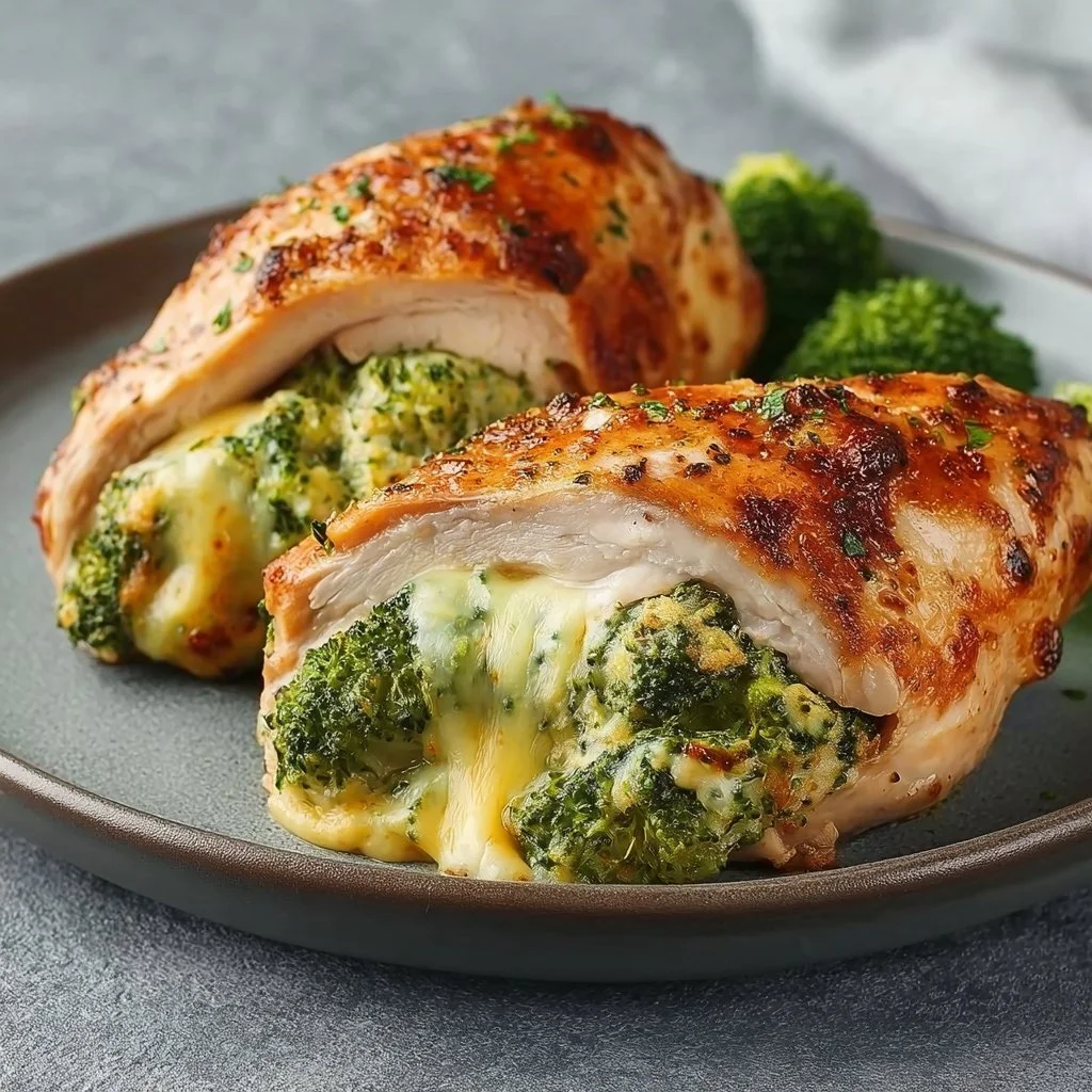 Broccoli cheddar stuffed chicken breast garnished with fresh herbs
