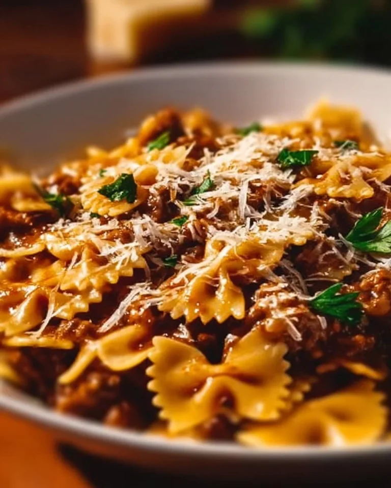 Delicious cheesy beef and bowtie pasta served in a bowl