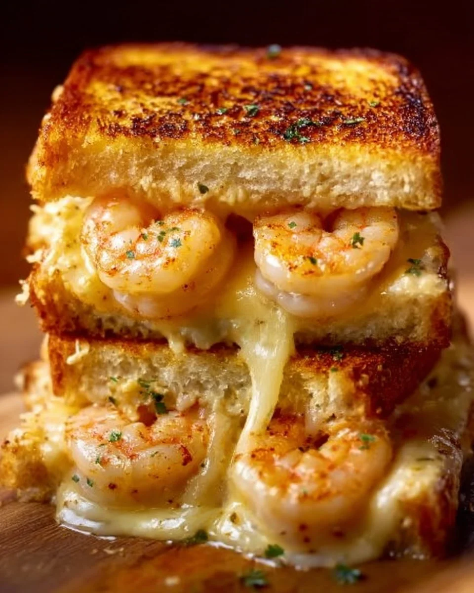 Cheesy Garlic Bread Shrimp Grilled Cheese melt on a platter