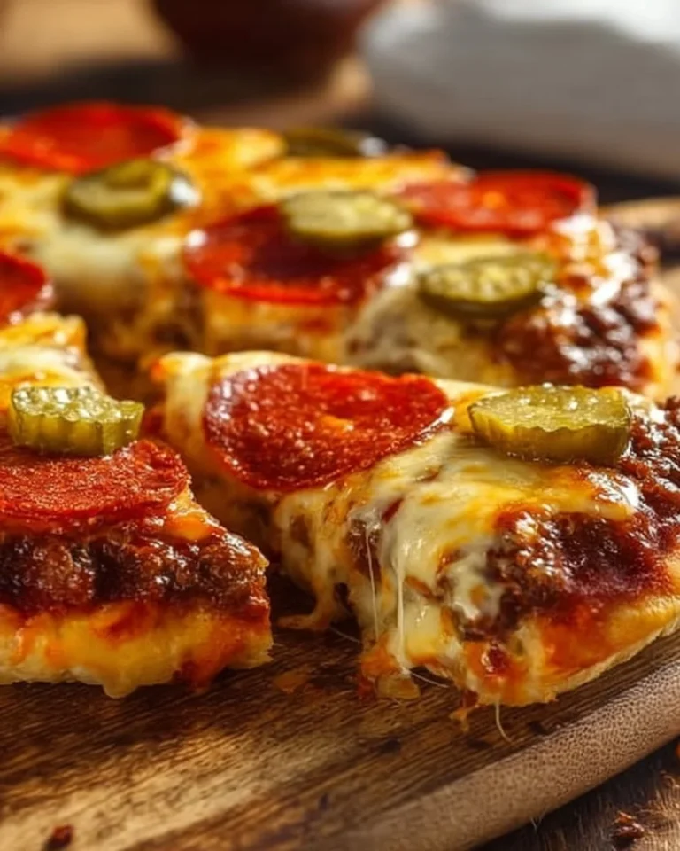Cheesy Pizza Burger Pie showcasing layers of cheese and savory toppings