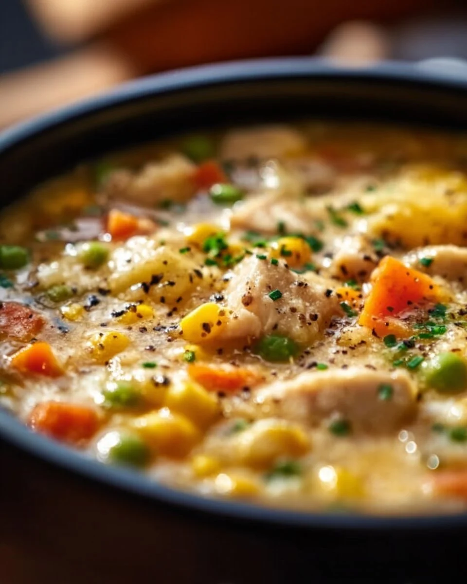 Delicious Chicken Pot Pie Soup in a bowl topped with fresh herbs