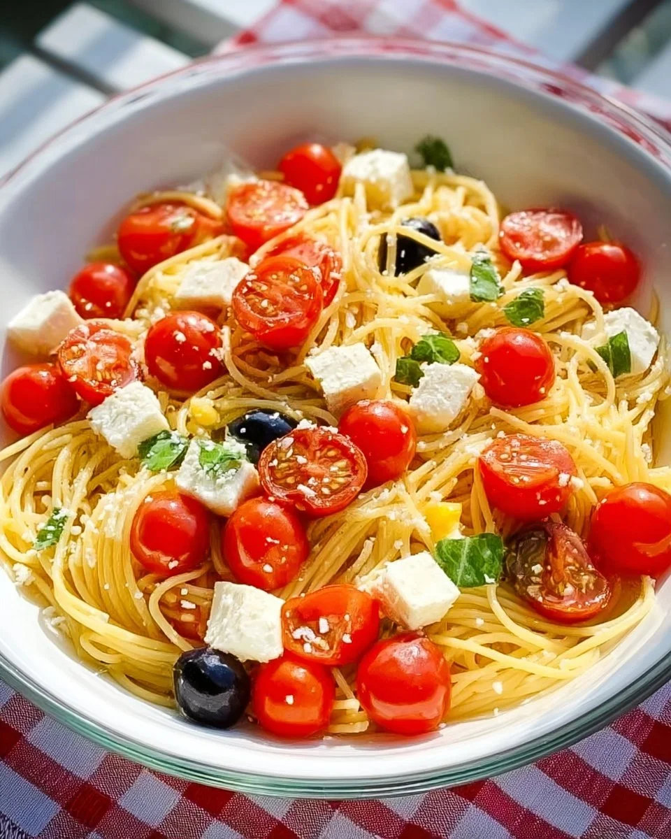 Classic spaghetti pasta salad with fresh vegetables and dressing
