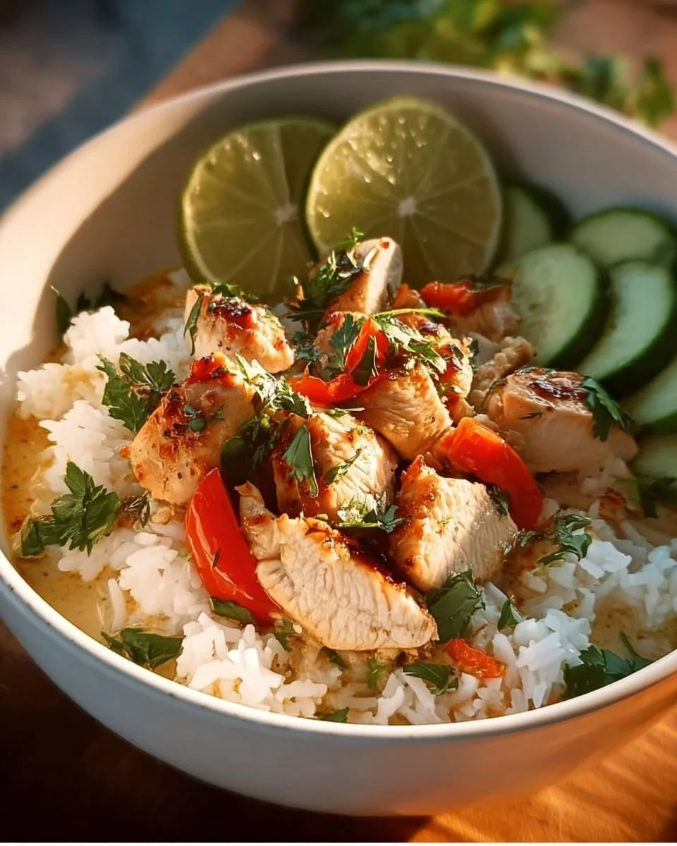 Plate of Coconut Chicken served with rice and garnished with herbs