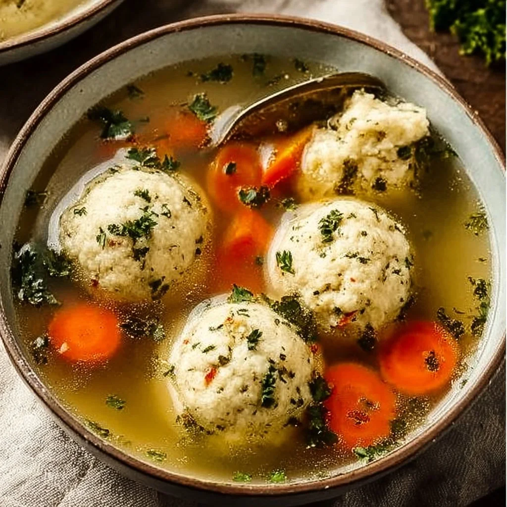 Bowl of comforting homemade matzo ball soup with herbs and matzo balls