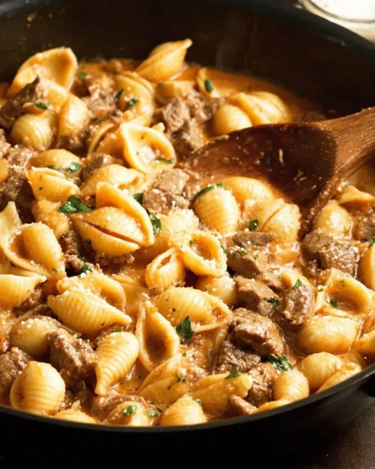 Creamy beef and shells dish served in a bowl with a sprinkle of parsley.
