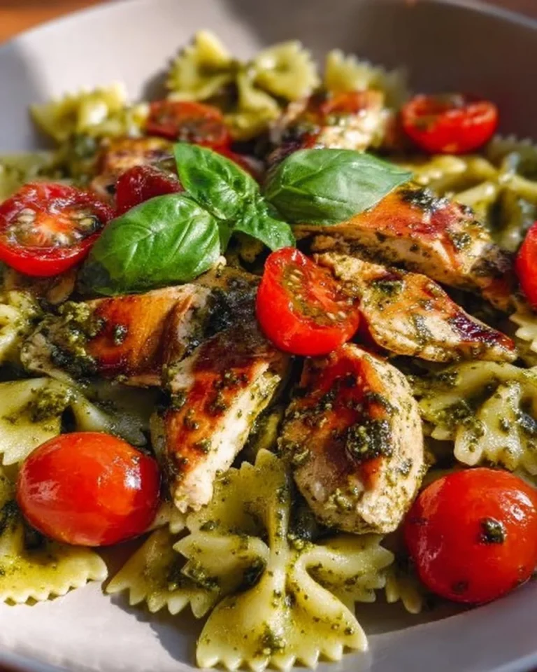 Creamy Chicken Pesto Pasta with fresh basil and grilled chicken