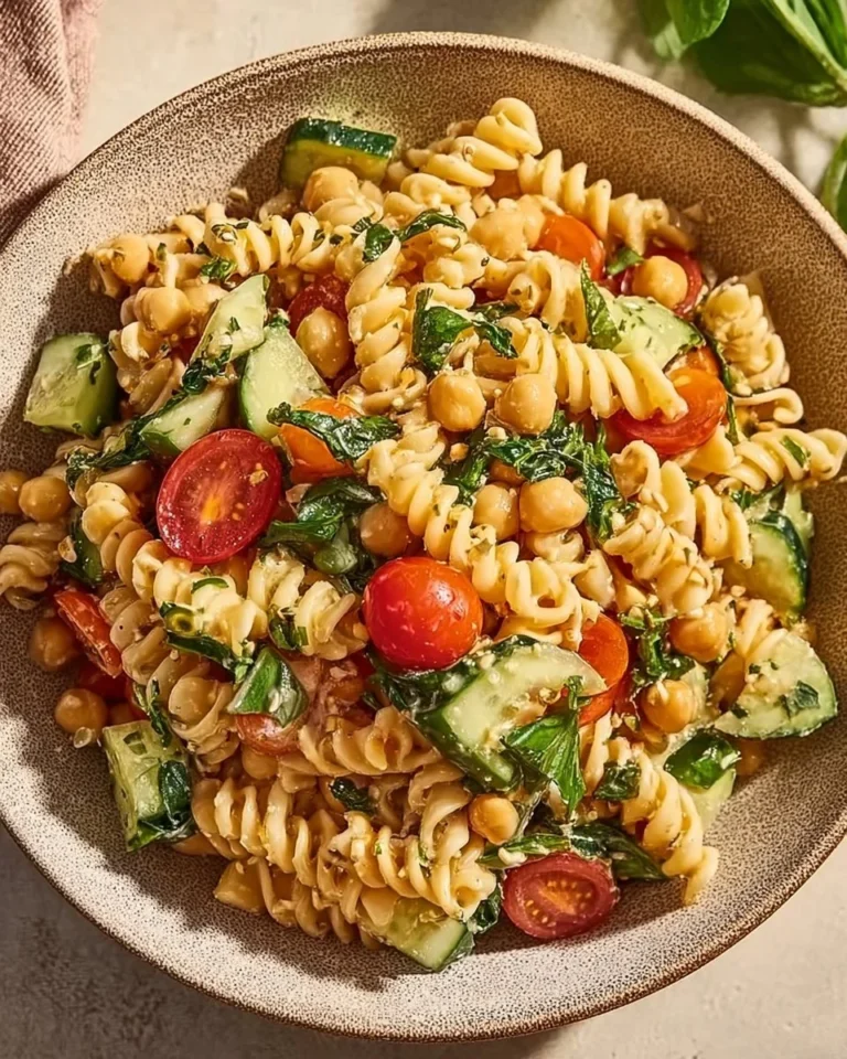 Creamy chickpea pasta salad with fresh vegetables and a delicious dressing