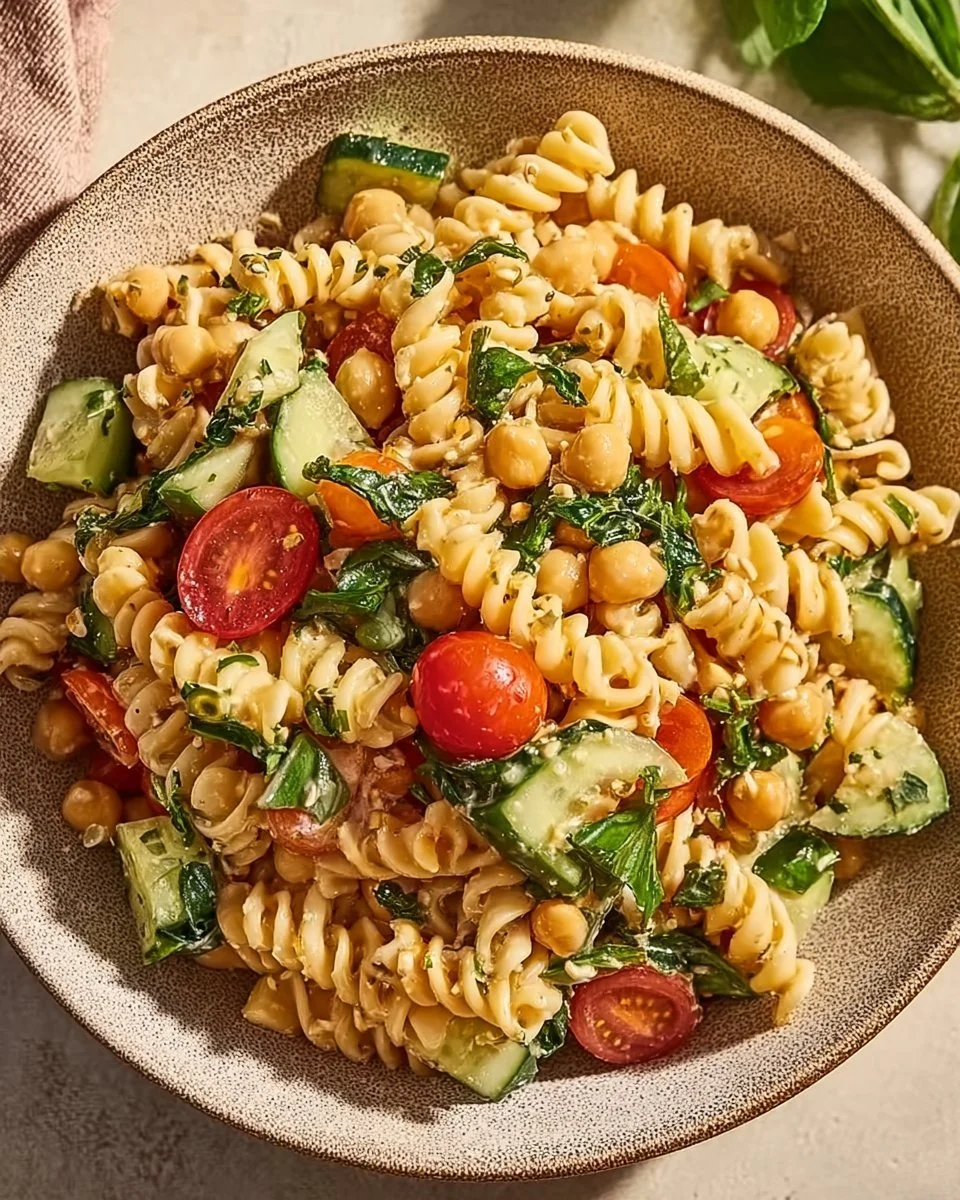 Creamy chickpea pasta salad with fresh vegetables and a delicious dressing