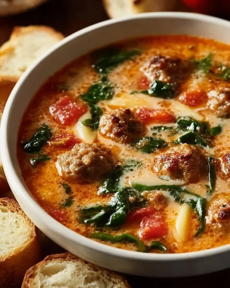 Creamy sausage soup garnished with herbs in a bowl, ideal quick dinner recipe