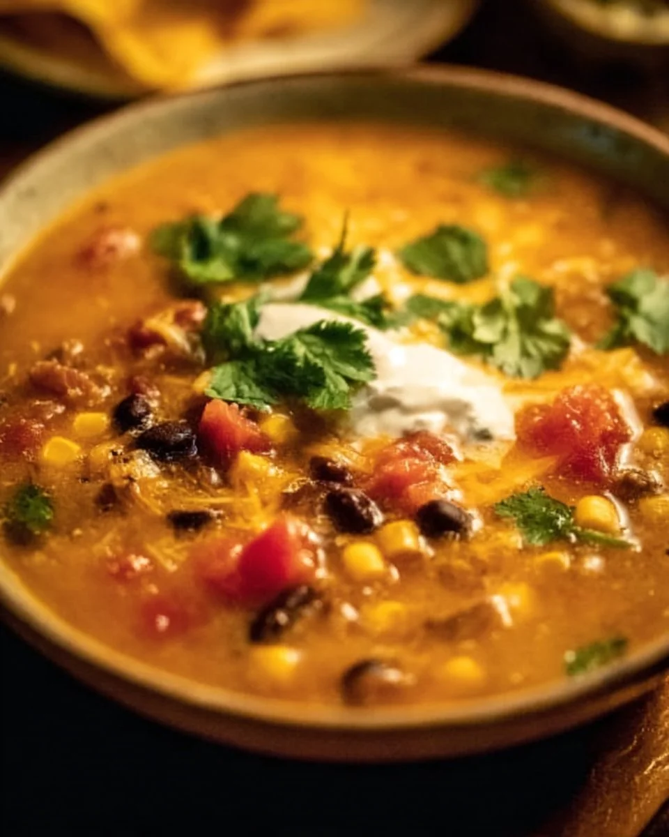 Delicious creamy taco soup in a bowl with toppings.